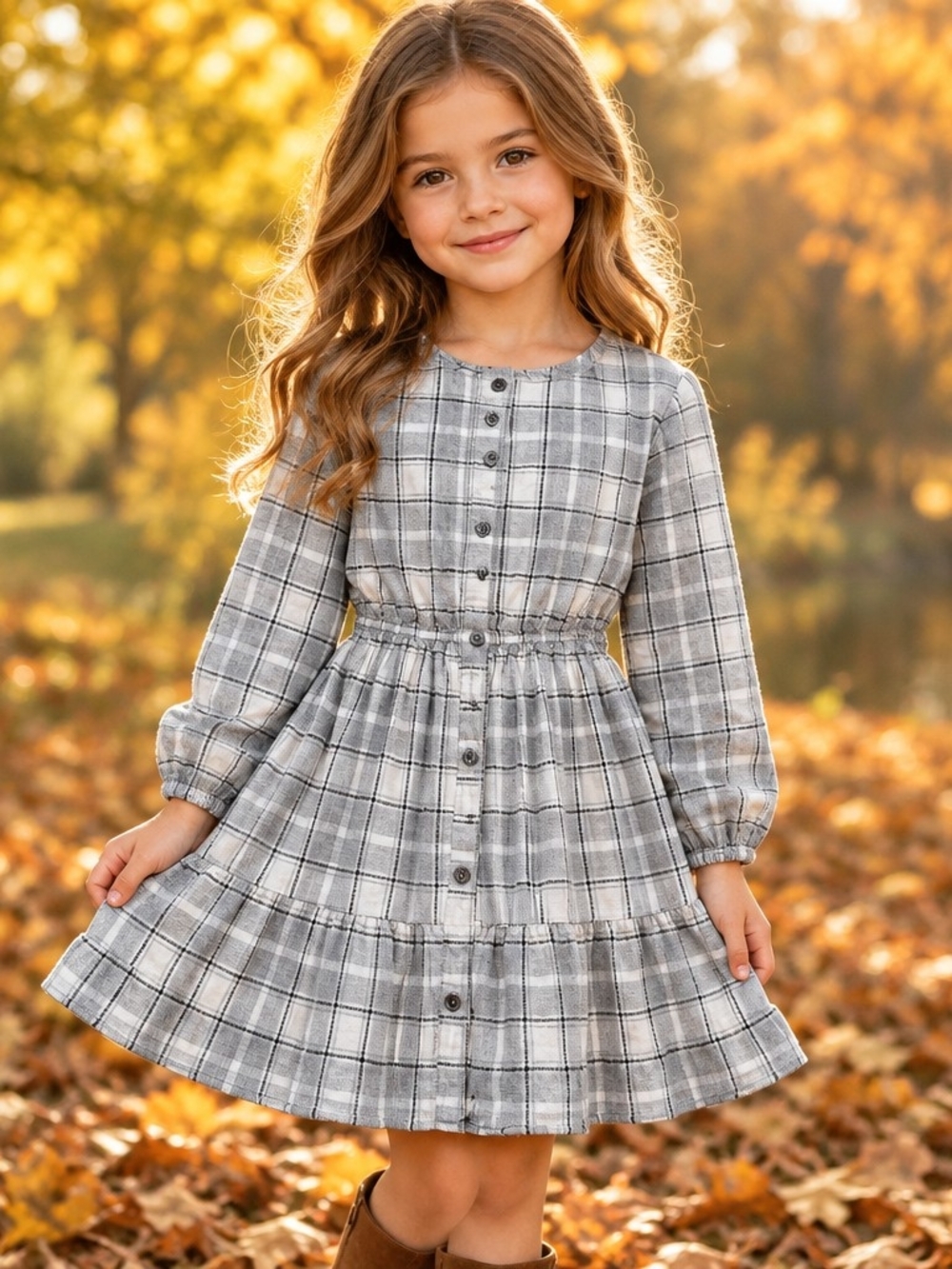 GAP Gray Plaid Button-Front Tiered Dress for Girls Sz Small